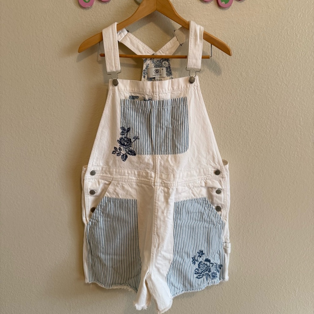 Lucky Brand White and Blue Striped Embroidered Jumpsuit Size L - Picture 2 of 8